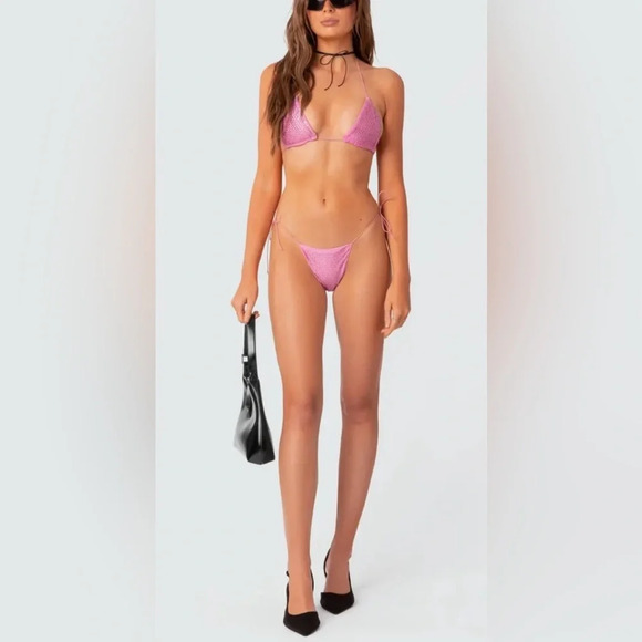 EDIKTED Shimmer Rhinestone Side Tie Bikini Bottoms - Picture 1 of 9